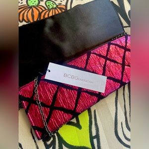 New BCBG pink black clutch handbag evening